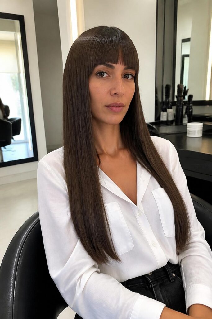 Blunt bangs with sleek straight hair 683x1024 1