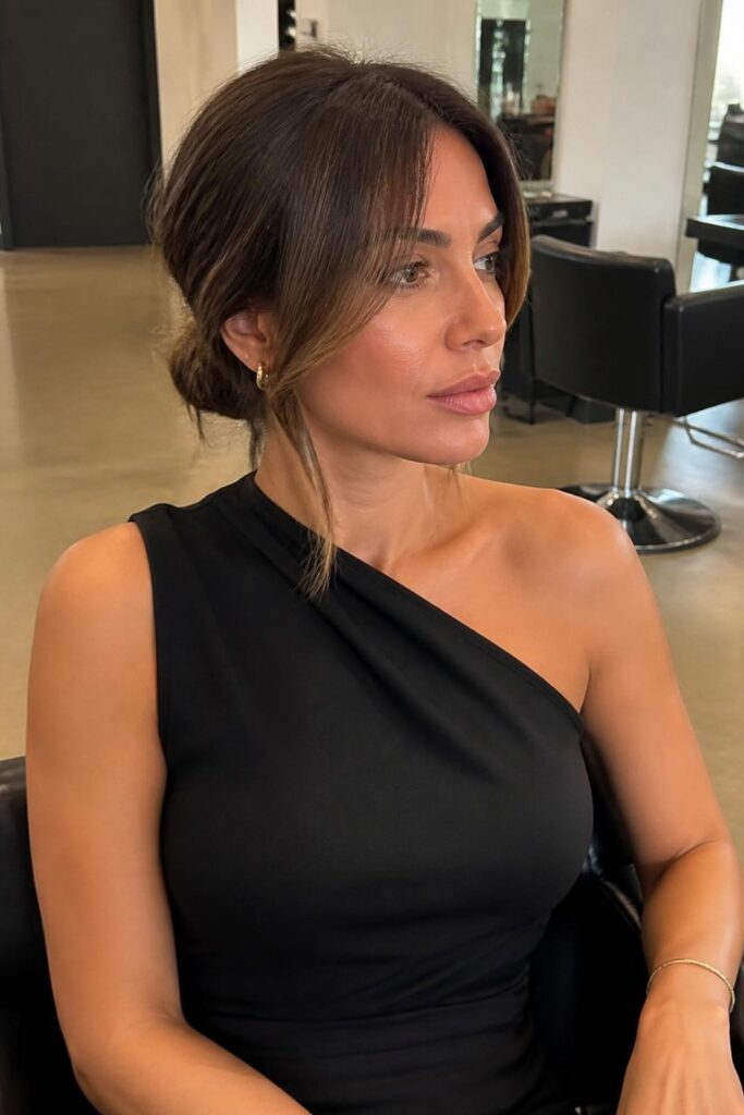 Curtain bangs with straight hair and low bun 683x1024 1