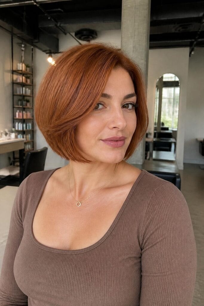 Full honey ginger color on short hair 683x1024 1