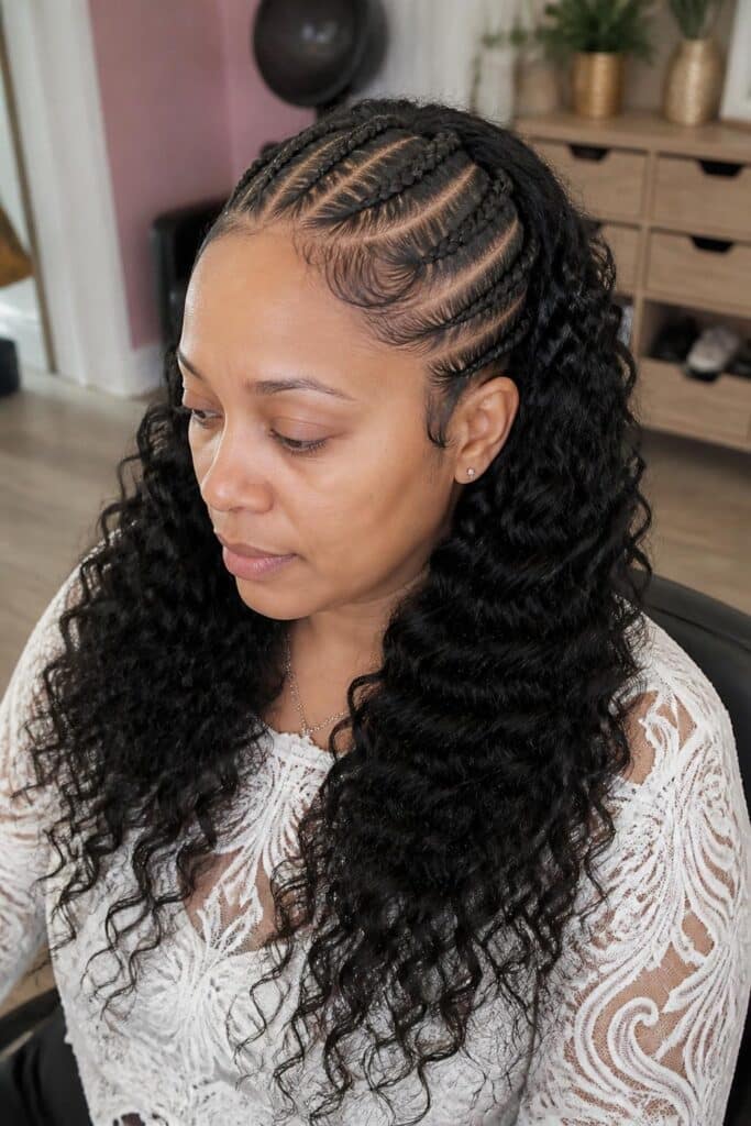 Goddess cornrows with curly ends 683x1024 1