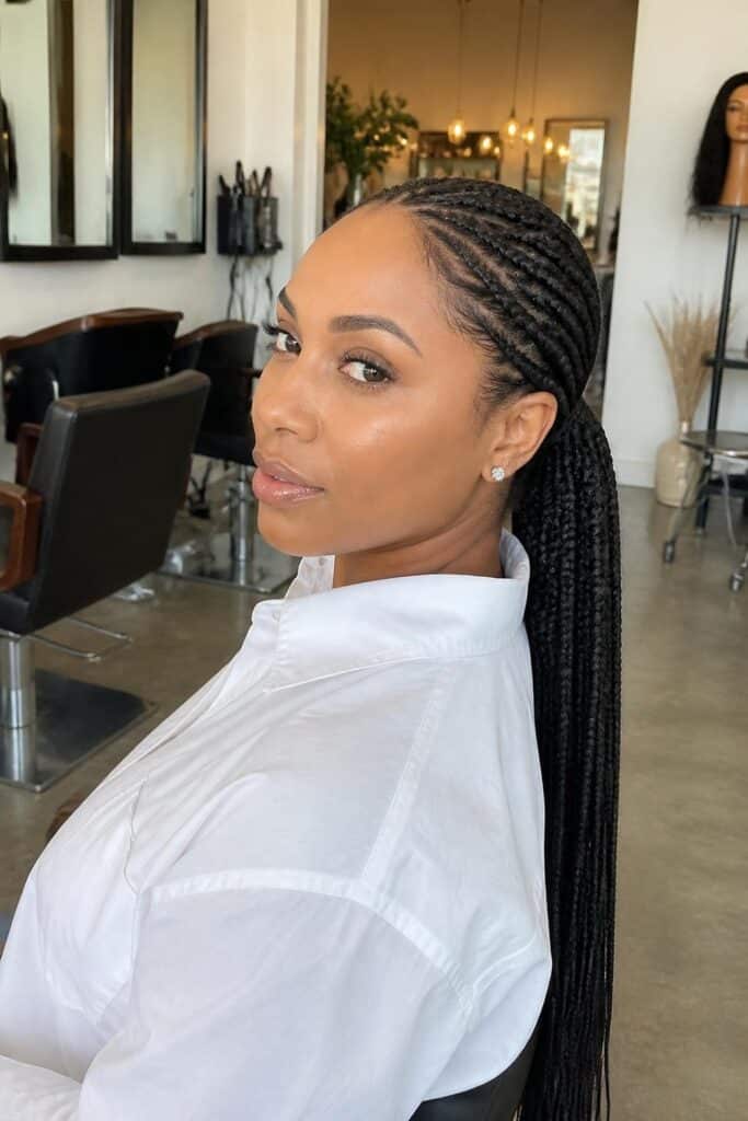 Knotless box braids with a sleek low ponytail 683x1024 1