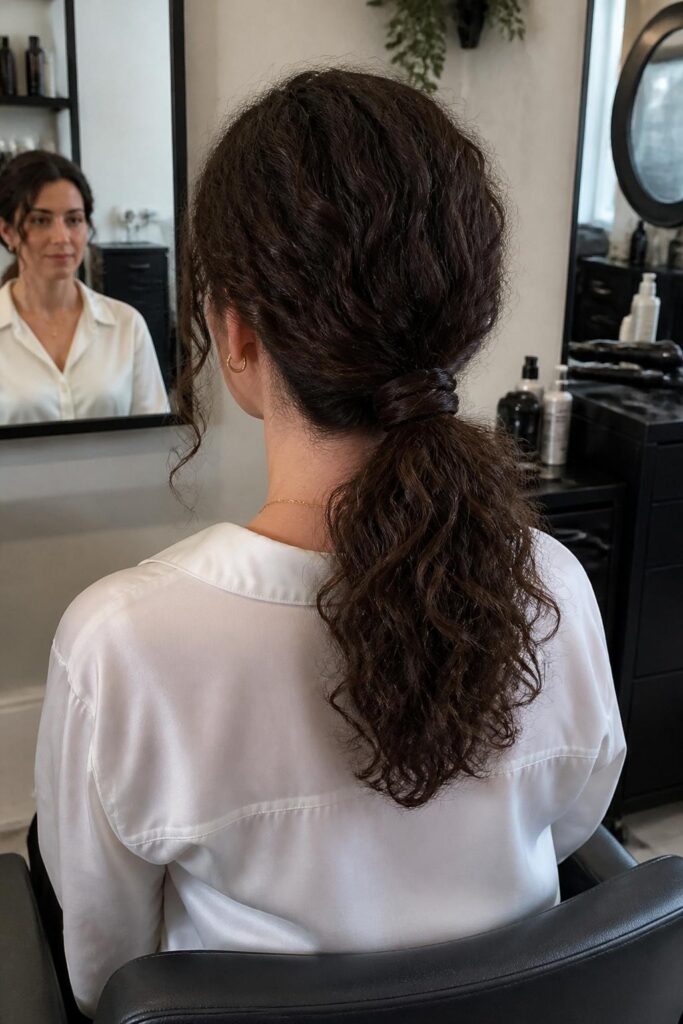 Low curly ponytail with braided accent 683x1024 1