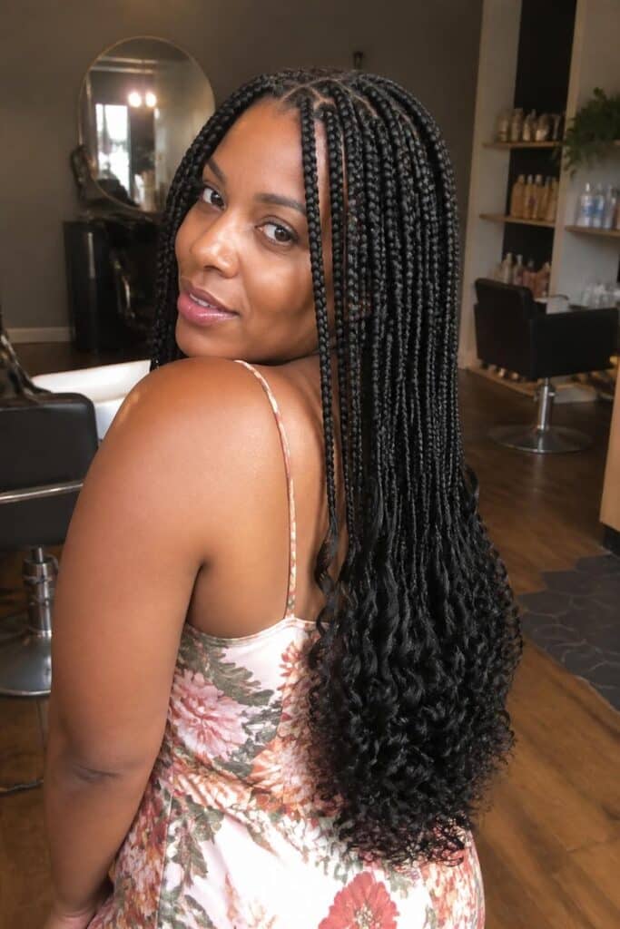 Medium knotless box braids with curly ends 683x1024 1