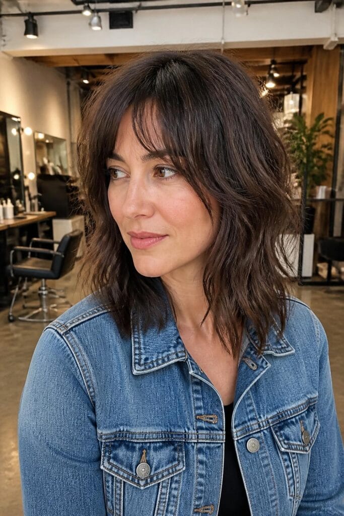 Shoulder-length shag with curtain bangs