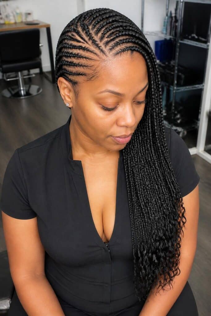 Side swept cornrows with a deep part 683x1024 1