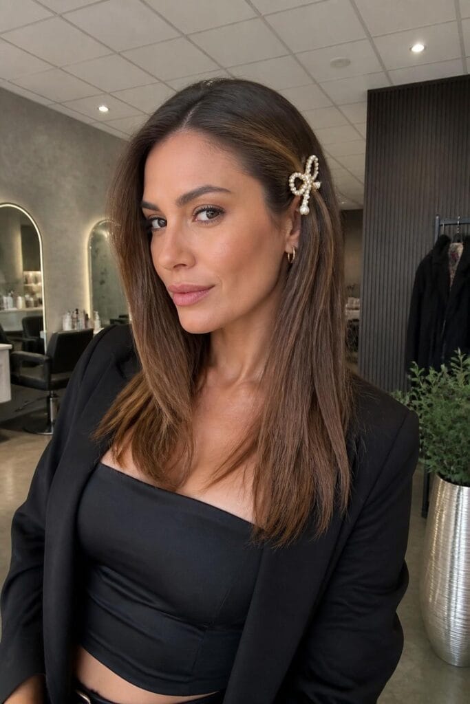 Sleek straight hair with a clip 683x1024 1