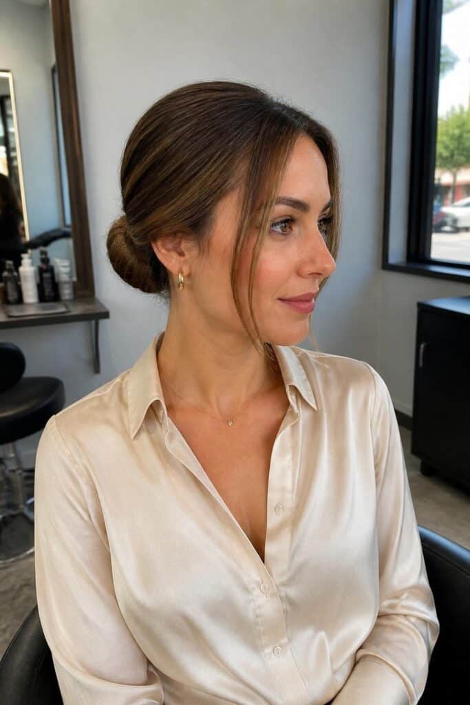 Slick back with low bun and tendrils 683x1024 1
