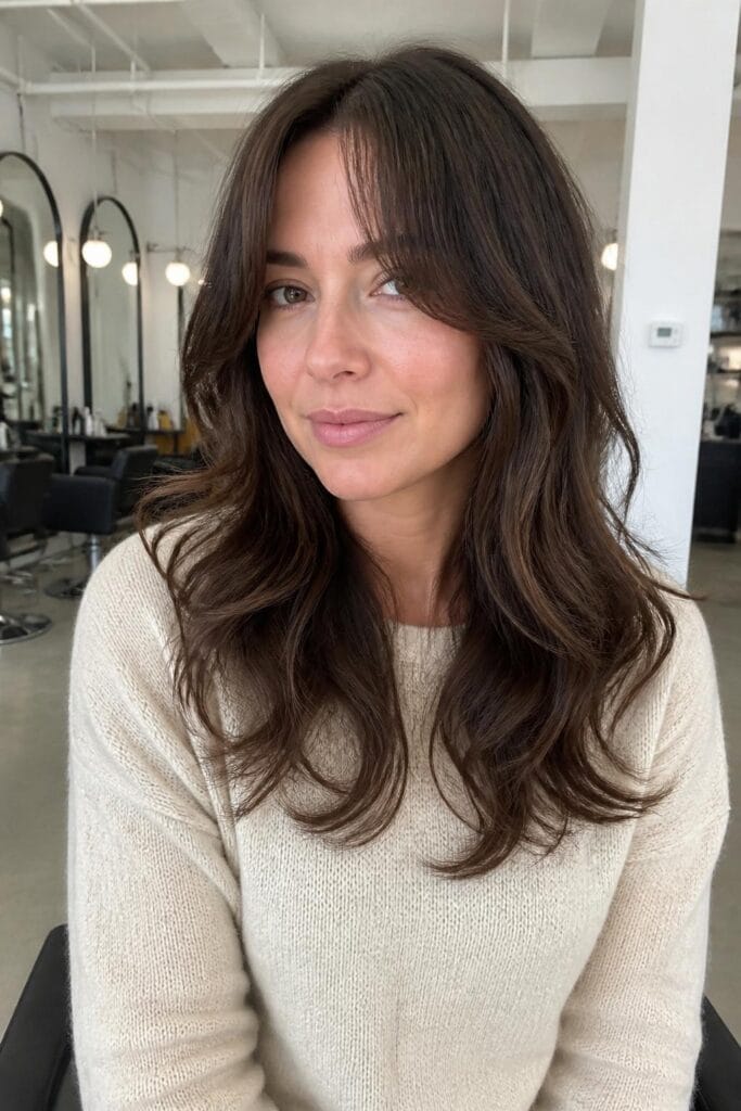 Wavy layers with soft curtain bangs