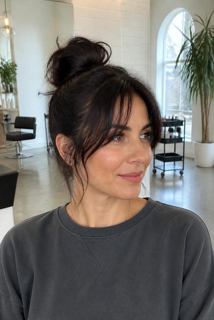 Wispy curtain bangs with a messy bun 683x1024 1
