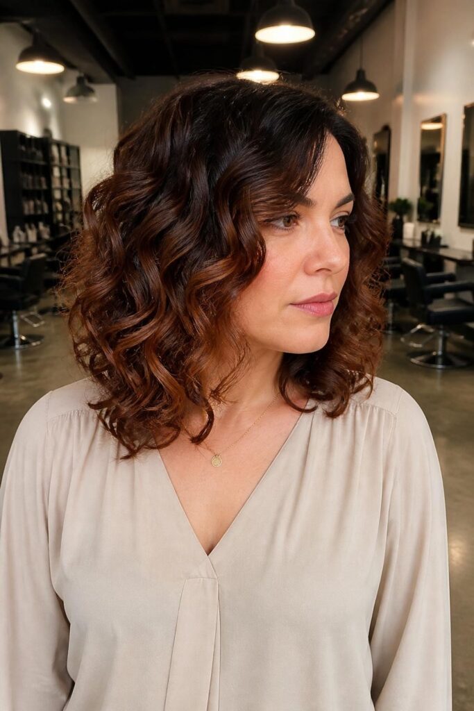 2. Auburn balayage on curls