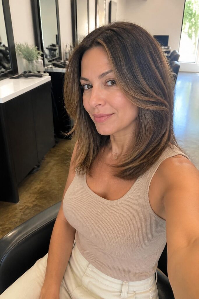 3. Layered lob with face-framing pieces