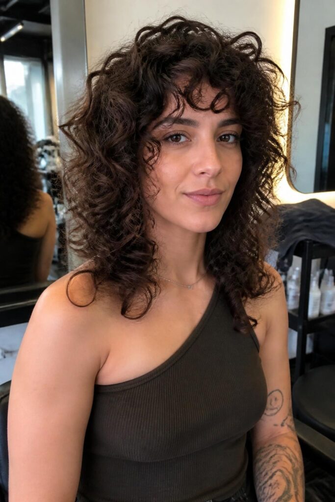 4. Curly shag with curtain bangs