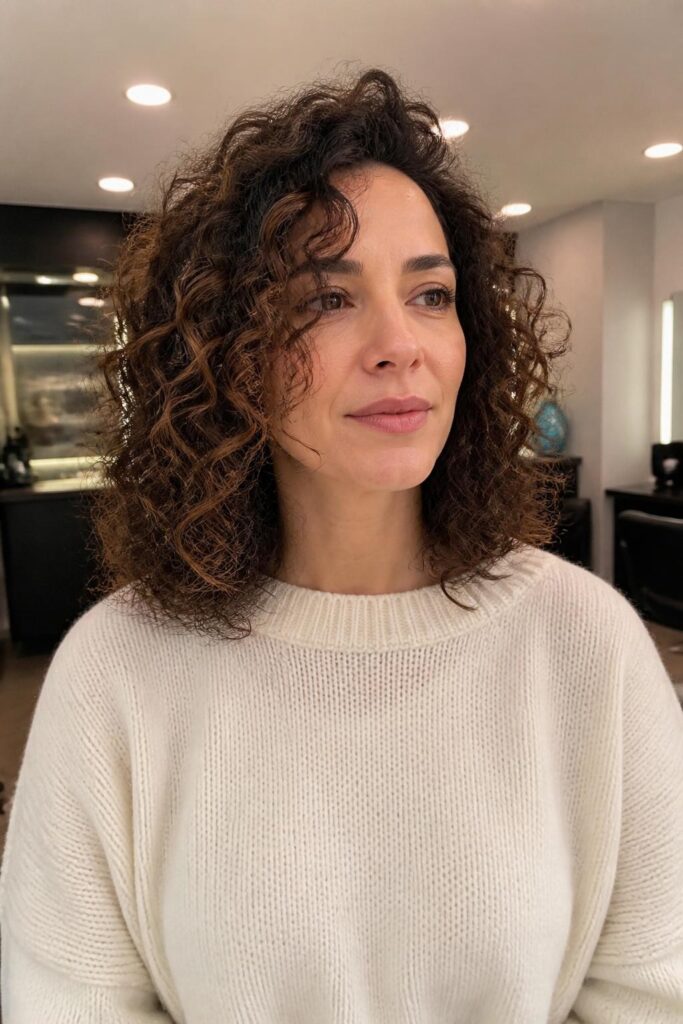 7. Auburn highlights on brown curls