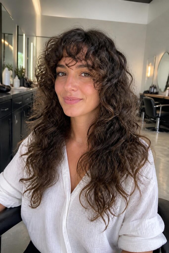 7. Curly bangs with long layers