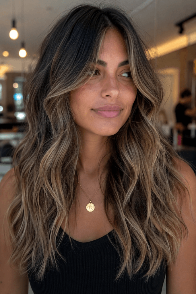 Beachy waves with curtain bangs