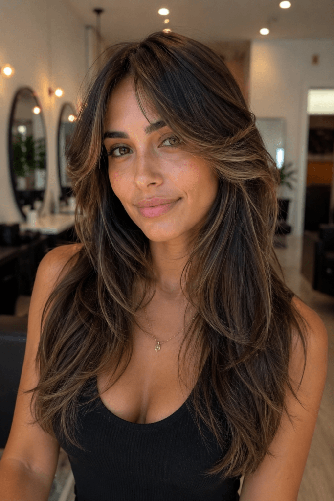 Face framing layers with curtain bangs