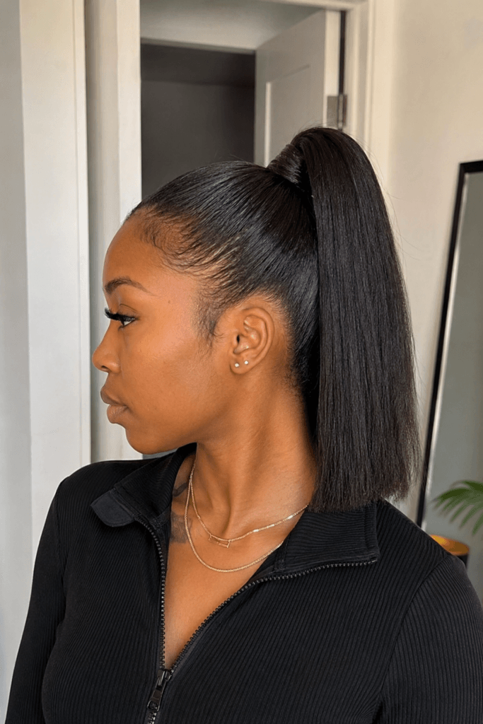 High ponytail with a blunt cut ends