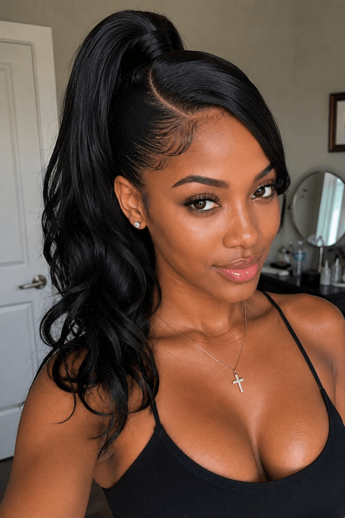 High ponytail with a deep side part