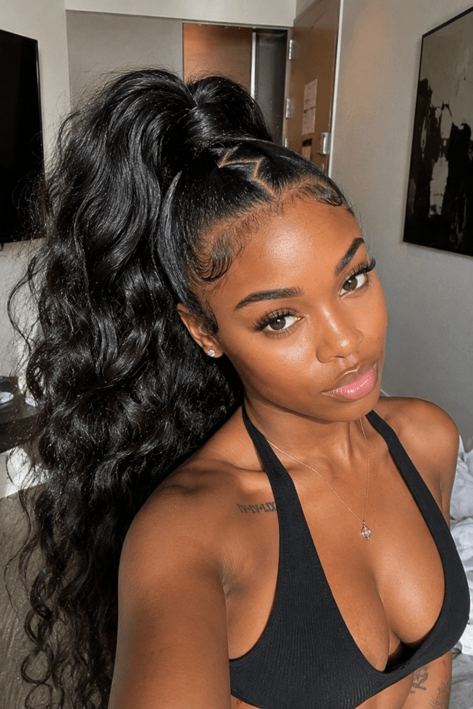 High ponytail with a zigzag part