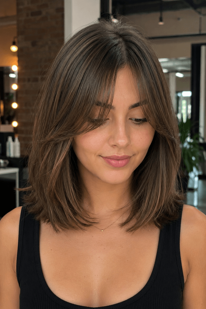 Long bob with curtain bangs for heart face