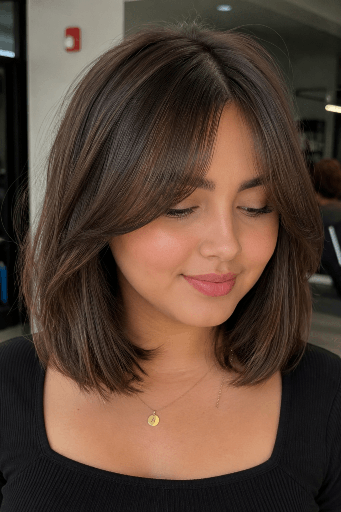 Long bob with curtain bangs for round face