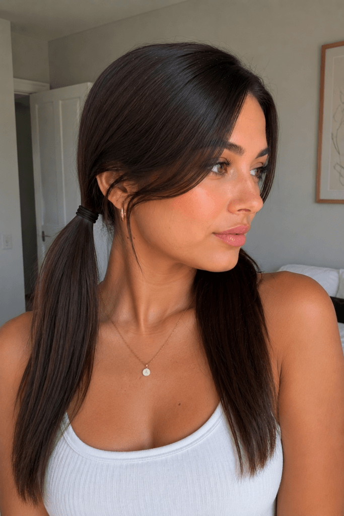 Low pigtails with a deep side part