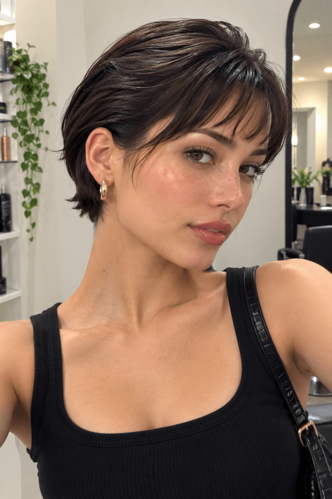 Slicked back pixie bob with short fringe