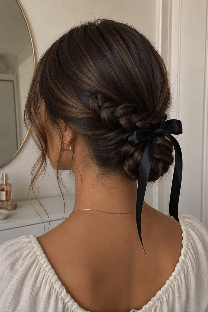 The braided low bun with ribbon