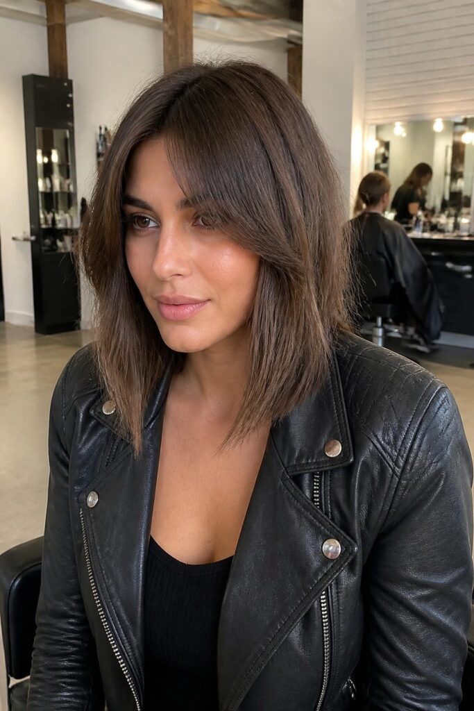 A-line long bob with curtain bangs