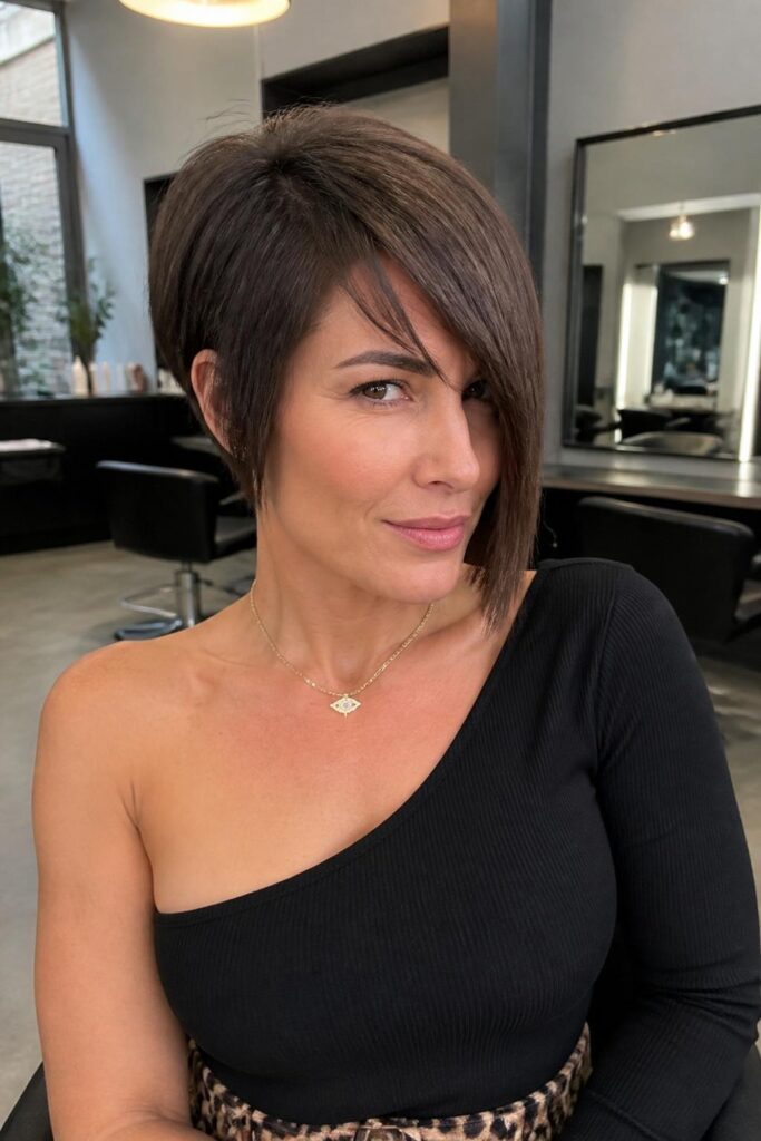 Asymmetrical pixie bob with angled bangs