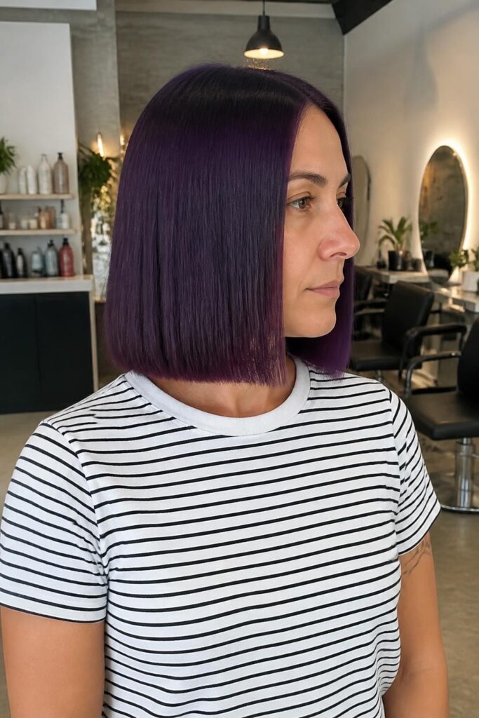 Blunt cut straight purple hair