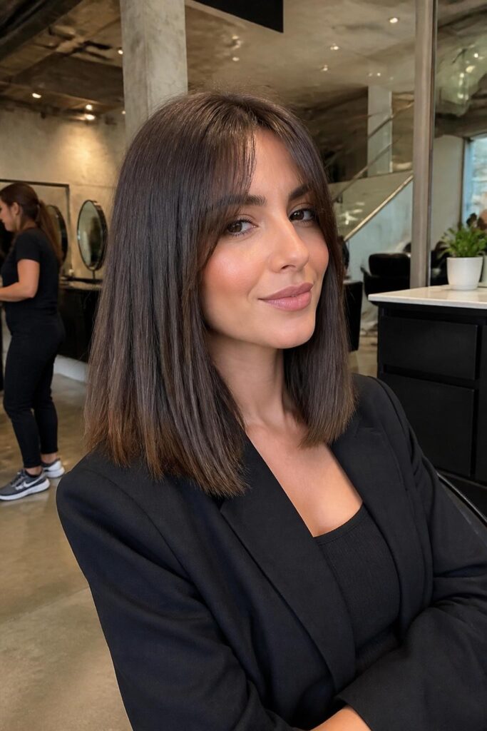 Blunt long bob with curtain bangs