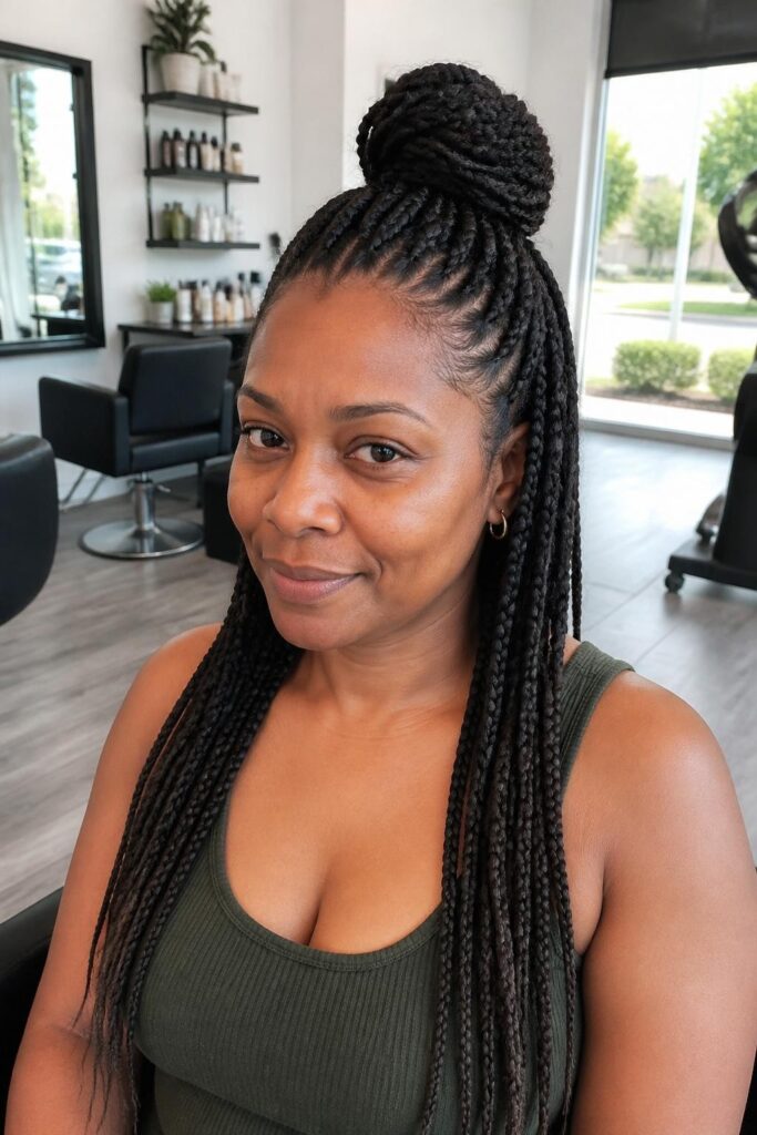 Box braids half up bun