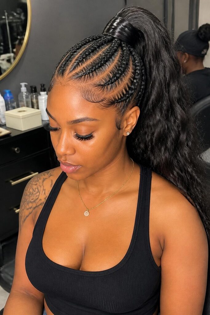 Braided high ponytail with cornrows