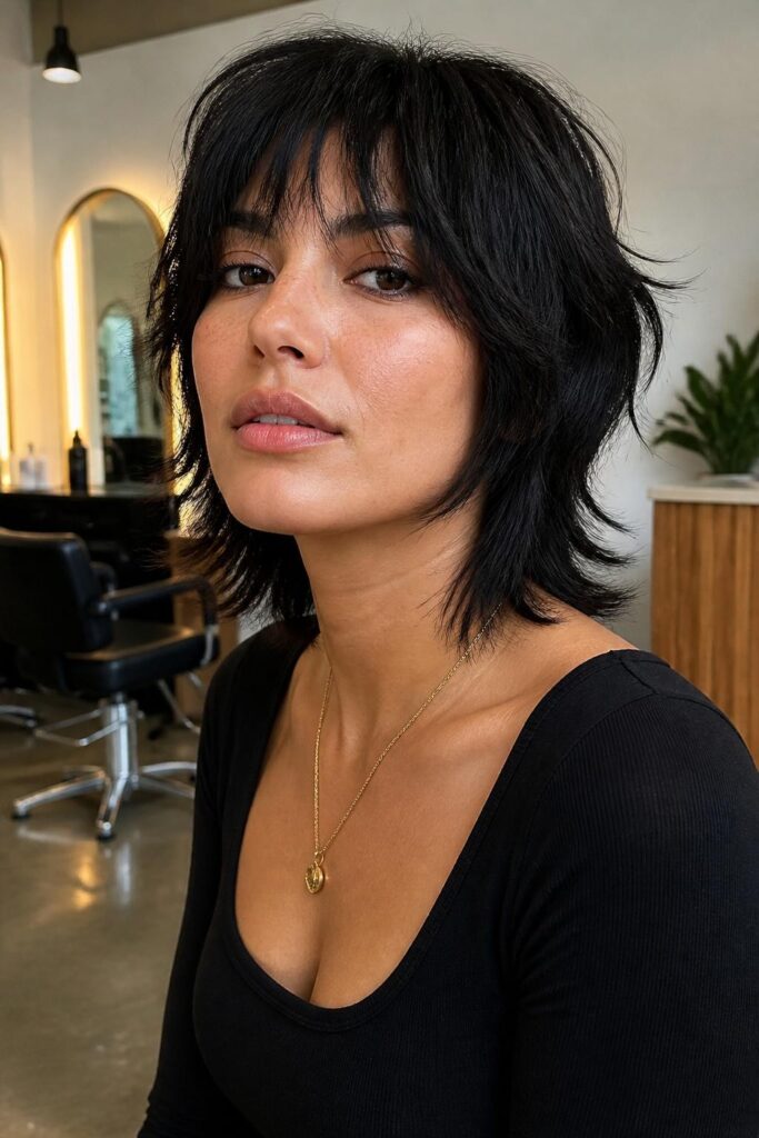 Choppy short wolf cut with textured bangs