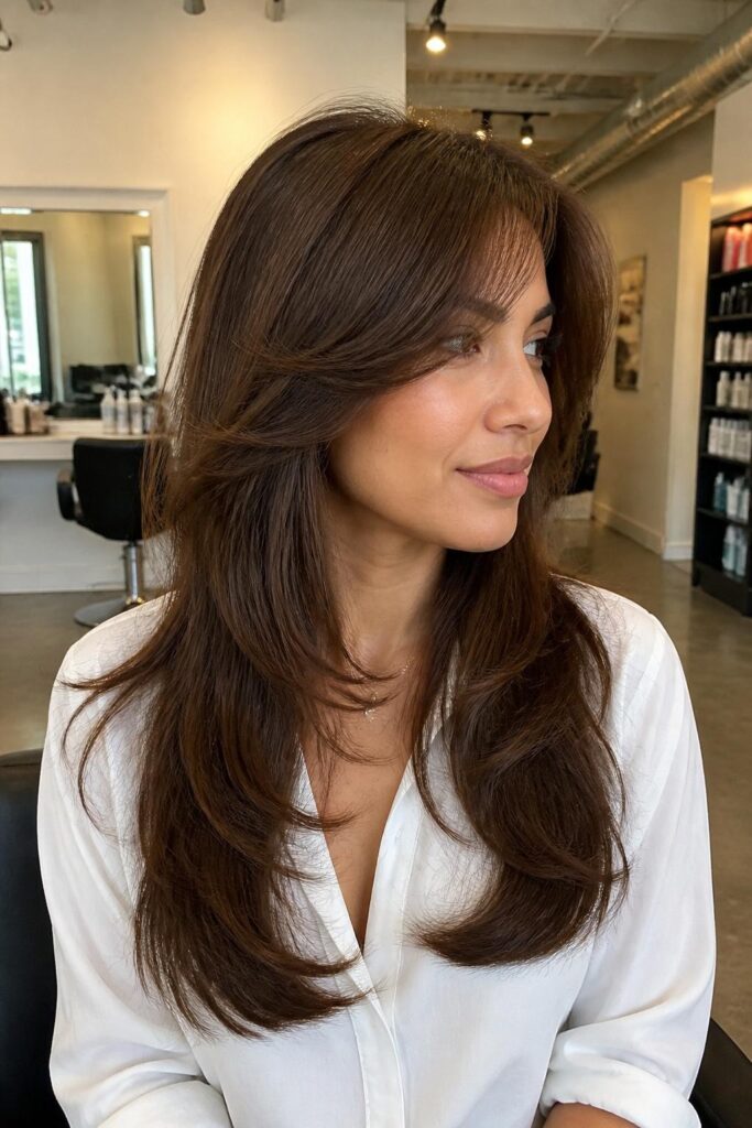 Classic long layers with soft side bangs
