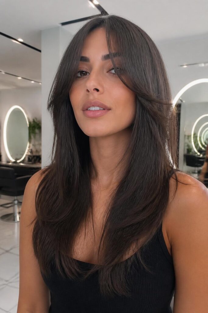 Classic long layers with wispy curtain bangs