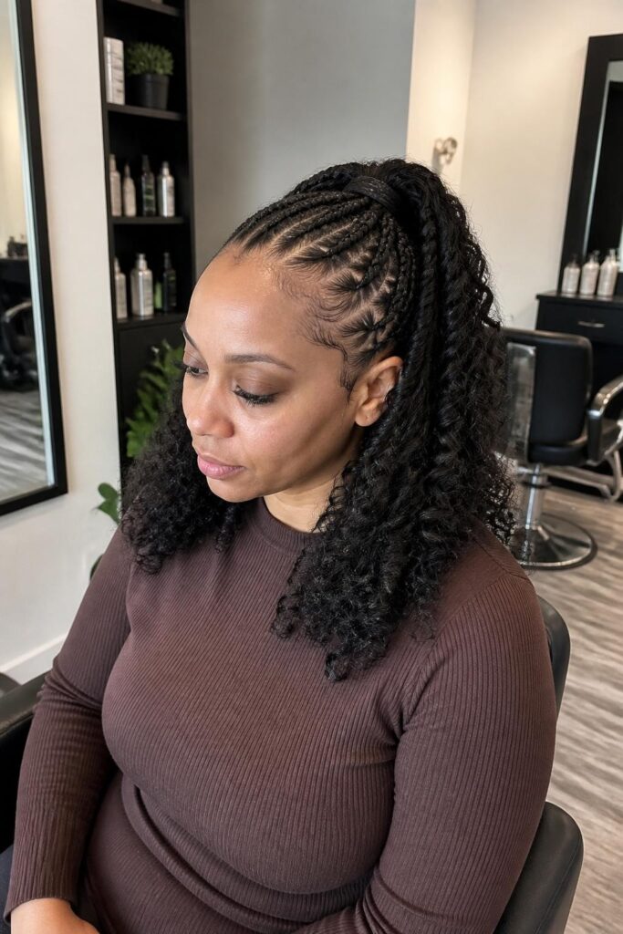 Cornrow half up with curls