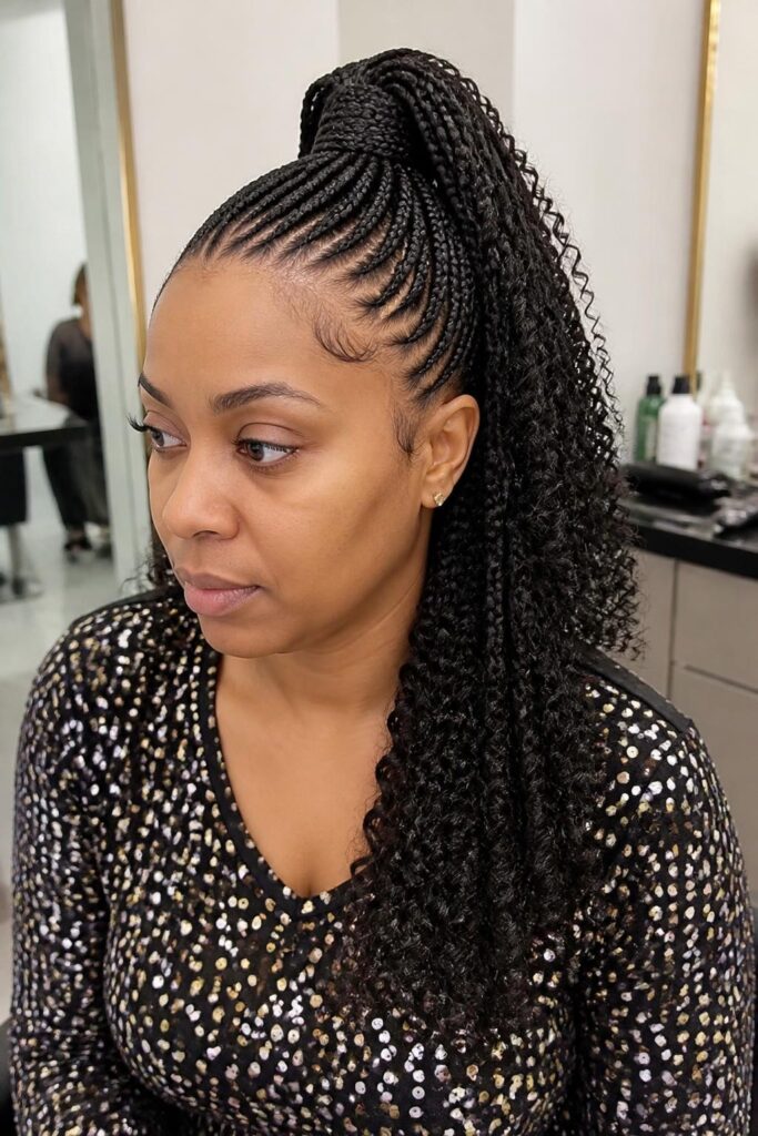 Cornrow rasta high ponytail with curls