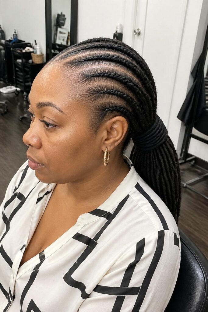 Cornrow rasta low ponytail with wrap