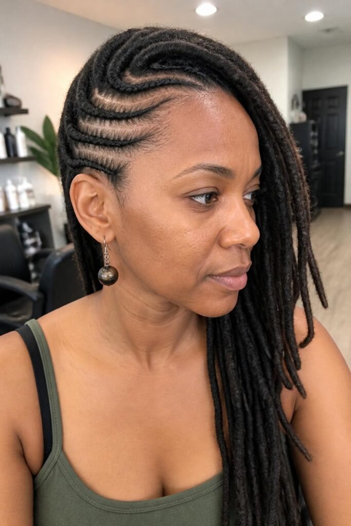Cornrow rasta side part with loose ends