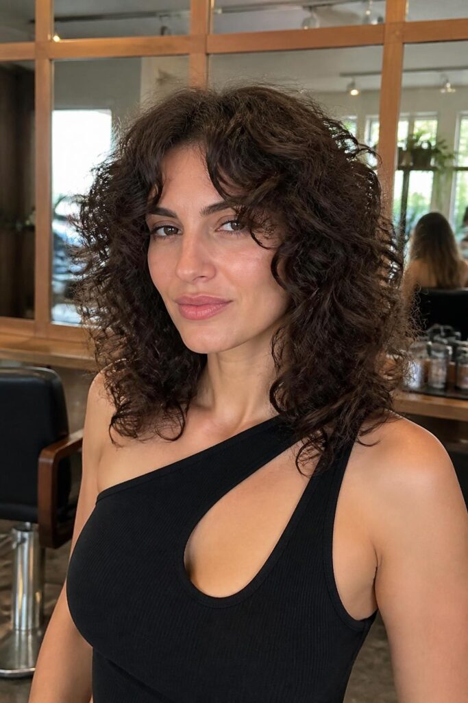 Curly layers with curtain bangs