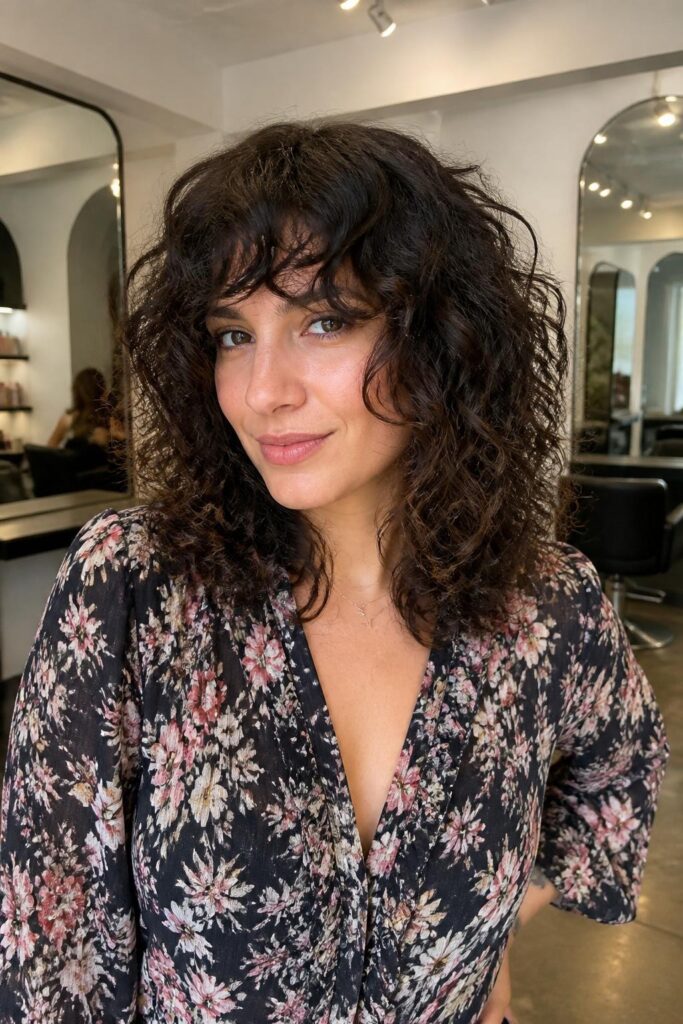 Curly long bob with curtain bangs