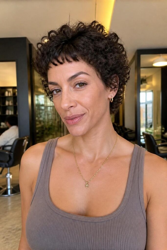 Curly pixie bob with micro bangs