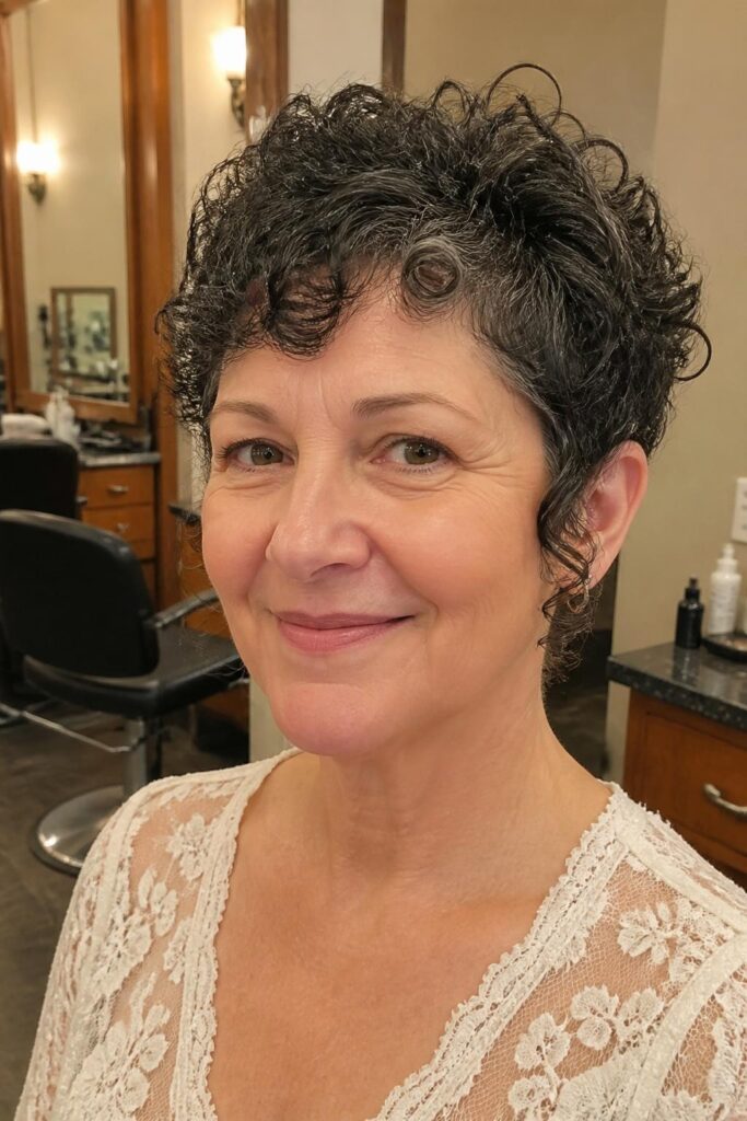 Curly pixie with long sideburns