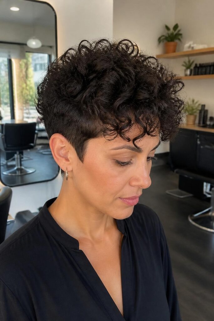 Curly pixie with tapered sides