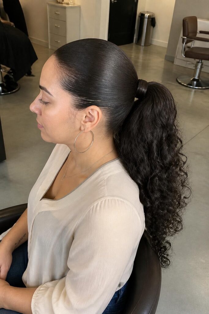 Curly ponytail with wrapped base