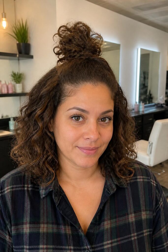 Curly top knot with loose ends