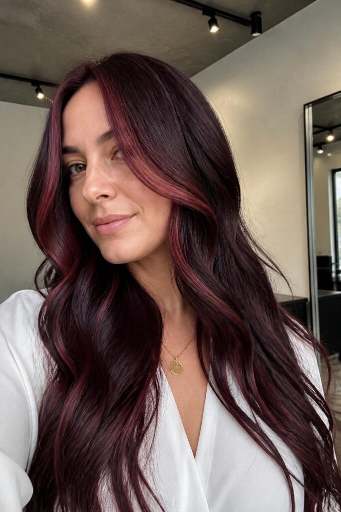 Dark cherry coke with face-framing highlights
