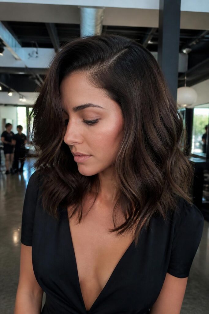 Deep side part with loose waves